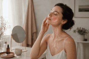 Woman applying skincare to her face and neck in a bathroom